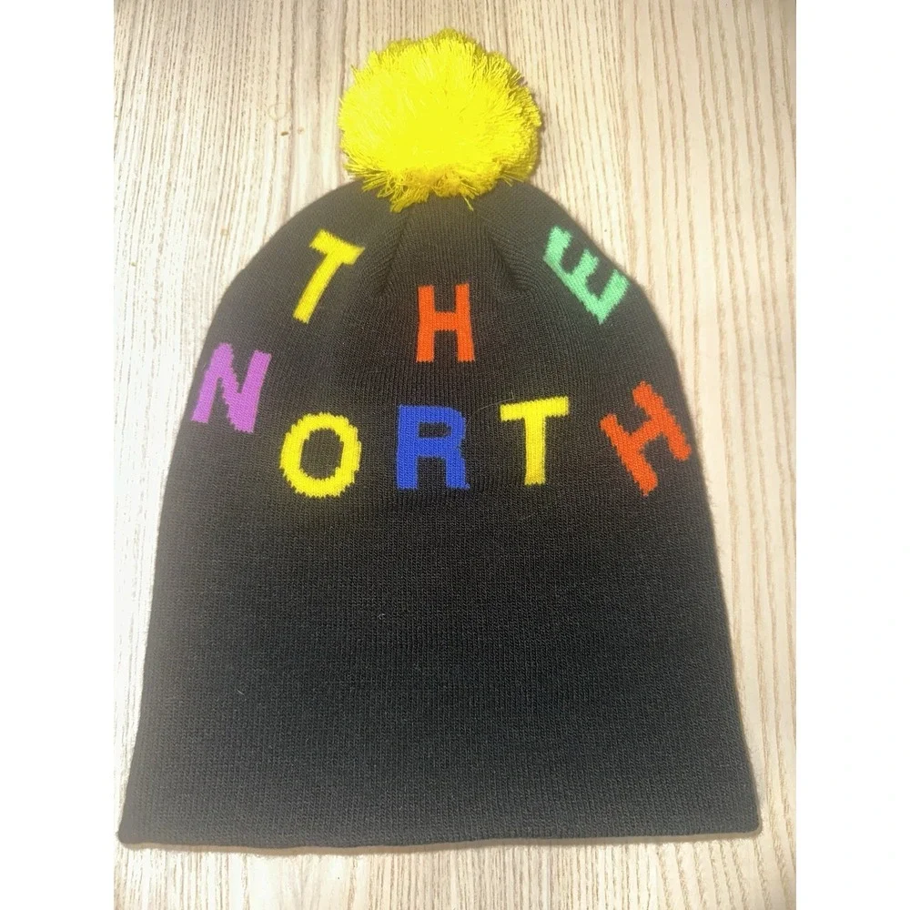 The North Face Black Yellow Multicolor Knit Beanie‎ Pom-Pom Unisex Beanie Hat